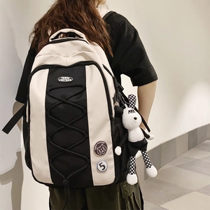 Sac à dos bicolore en nylon avec cordon élastique et peluche lapin pour étudiantes