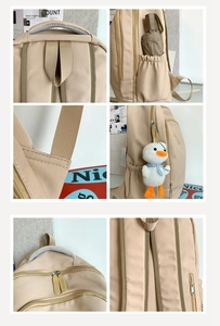 Detailed views of beige nylon backpack with sturdy zippers and breathable straps