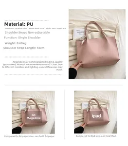 Detail view of pink PU leather tote capacity showing storage for A4 magazine and iPad