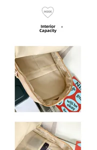 Detailed interior view of the beige backpack showing multiple pockets and storage space