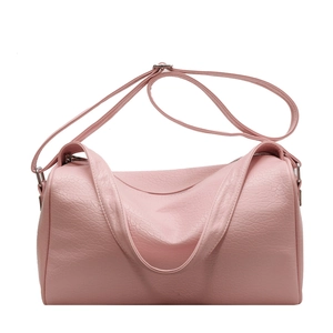 Pink Boston style shoulder bag in cracked leather texture with adjustable strap