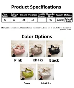 Detailed size chart for large Oxford cloth hobo bag with five color options overview