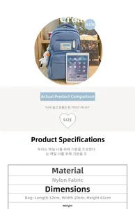 Detailed size specifications of the light blue nylon backpack with 32x20x45cm dimensions