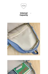 Detail view of large blue backpack interior storage space and functional compartments