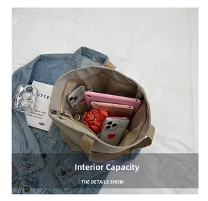 Spacious interior of beige canvas tote bag with zipper and multi-functional storage pockets