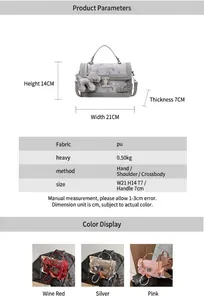Detailed size chart and specifications for the PU leather crossbody bag with lace pattern