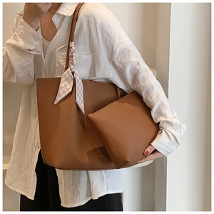 Brown litchi grain tote bag with silk scarf detail and matching zipper pouch set