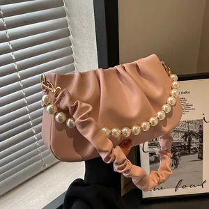 Luxury Pleated Cloud Bag For Women Artificial Pearl Chain Ruched PU Leather Shoulder Crossbody Bag Elegant Fashion Handbag Travel