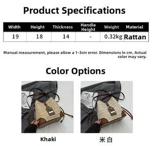Size specifications of a woven straw bucket bag with leather accents and drawstring detail