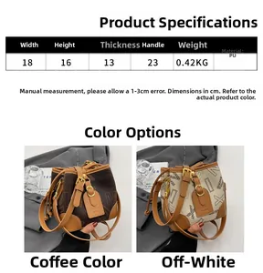 Spécifications de taille détaillées et vue matière du sac seau en similicuir chic