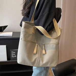 Women Large Capacity Canvas Tote Bag Casual Shoulder Bag With Front Zipper Pockets Durable Commuting School Work Handbag Minimalist