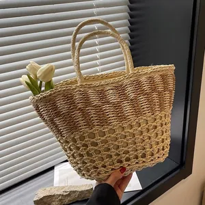 Women Large Capacity Straw Woven Tote Bag Summer Beach Hollow Out Handbag Contrast Color Spliced Shoulder Bag Casual Basket Bag