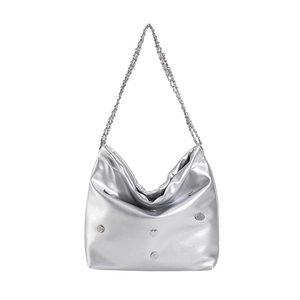 Silver metallic hobo bag with chain straps and heart studs on a white background