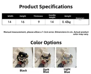 Detail guide showing dimensions, PU leather material, and weight of the mini crossbody bag