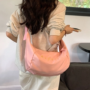 Pink large-capacity oxford cloth half-moon crossbody bag with wide shoulder strap for women