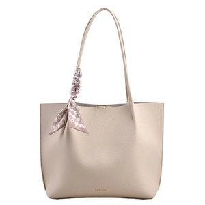 Minimalist beige tote bag with litchi texture and silk scarf for women's daily commute