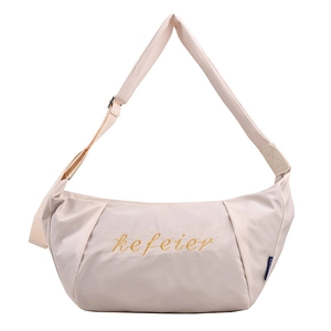 Large capacity beige oxford crescent crossbody bag with adjustable wide shoulder strap