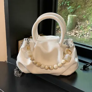 Damen Geraffte Wolkentasche PU Leder Handtasche Mit Marmor Perlenkette Metallriemen Elegante Plissierte Abendtasche Umhängetasche