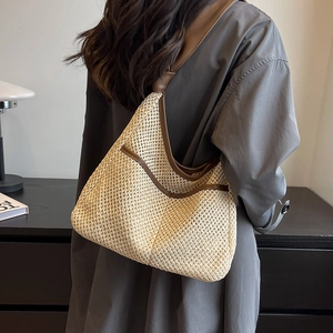 Women Large Capacity Straw Woven Shoulder Bag And Pouch Hollow Mesh Tote Beach Bag With Knotted Handle Casual Vacation Style