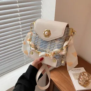 Women Tweed PU Leather Patchwork Crossbody Bag Fashion Artificial Pearl Flower Buckle Small Square Bag Silk Scarf Chain Handbag