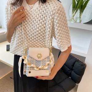 Blue and white tweed mini square crossbody bag with pearl floral buckle and scarf chain