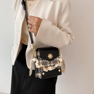 Women tweed crossbody bag with pearl floral buckle and silk scarf chain strap