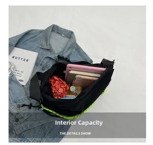 Internal capacity of the black nylon crossbody bag showing storage for tablet and umbrella