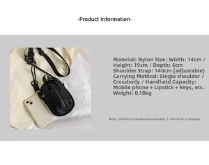 Minimalist black nylon crossbody bag size 14x19x6cm with adjustable 140cm shoulder strap