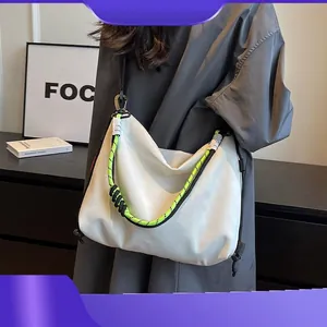 Women Large Capacity Nylon Shoulder Bag Contrast Neon Green Rope Techwear Commuter Tote Crossbody Bag Fashion Handbag
