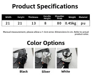 Detailed size parameters and color options for the bicolor chain bucket backpack