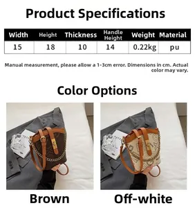 Detailed dimensions of bucket bag with metal chain and geometric patterns in two colors