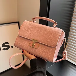 Petit Sac Carré en Cuir PU pour Femme avec Boucle de Verrouillage en Métal Doré Sac à Main Bandoulière Polyvalent