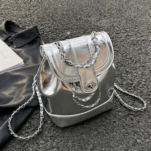 Women Fashion Metallic Silver Chain Backpack PU Leather Bucket Bag With Rotation Lock Casual Street Travel Bag