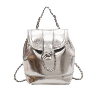 Metallic silver bucket backpack with chain straps and mirror finish on white background