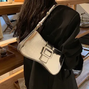 Women Crocodile Pattern PU Underarm Bag Metallic Finish Square Buckle Shoulder Bag Fashion Retro Crossbody Bag For Daily Party