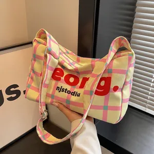 Women Large Capacity Canvas Crossbody Bag Plaid Letter Print Wide Strap Shoulder Bag Versatile Casual Pillow Shape Bag Summer Daily Handbag