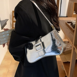 Silver crocodile textured underarm bag with metallic finish and square buckle detail