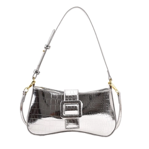 Silver crocodile embossed underarm bag with metallic finish and arc shaped base design
