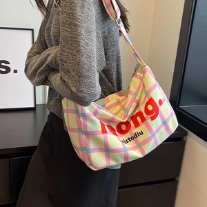 Pink and green plaid canvas crossbody bag with bold 'rong.' lettering for women