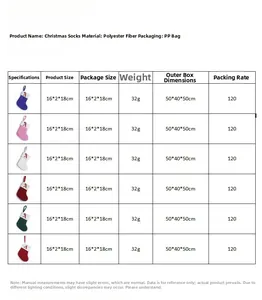 Size chart showing multi-colored polyester Christmas stockings measuring 16x2x18cm