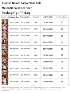 Size chart for 32cm Santa Claus dolls with material and weight details for each model