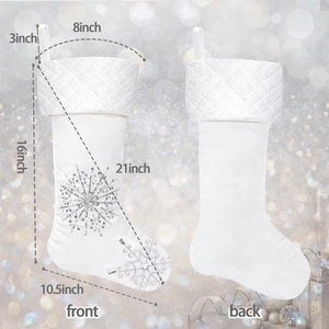 Detailed dimension view of white Christmas stocking with silver sequin snowflakes