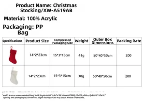 Size chart for Christmas knitted stockings showing acrylic material and 14x2x23cm dimensions
