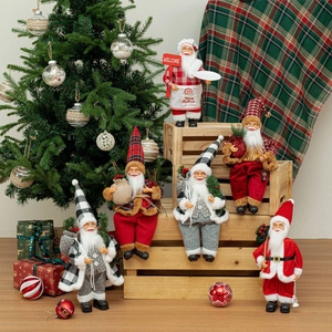12-inch sitting Santa Claus dolls in red velvet and plaid outfits for festive home decor