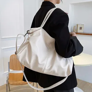 Large Capacity Women PU Leather Pleated Tote Bag Minimalist Urban Shoulder Crossbody Bag For Work School Casual Travel