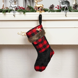 Buffalo Plaid Christmas Stocking Faux Fur Trim Fabric Xmas Sock With Moose Decoration For Fireplace Holiday Home Decor