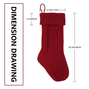 Red knit Christmas stocking with classic cable texture and size dimension diagram