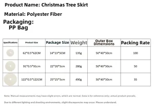 Gedetailleerde maattabel voor witte gebreide kerstboomrok in 62cm, 91cm en 122cm maten