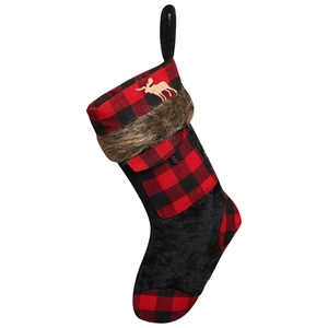 Black plush Christmas stocking with red buffalo plaid accents and elk patch detail