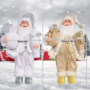 Detailed size view of decorative standing Santa Claus figures in silver and gold outfits